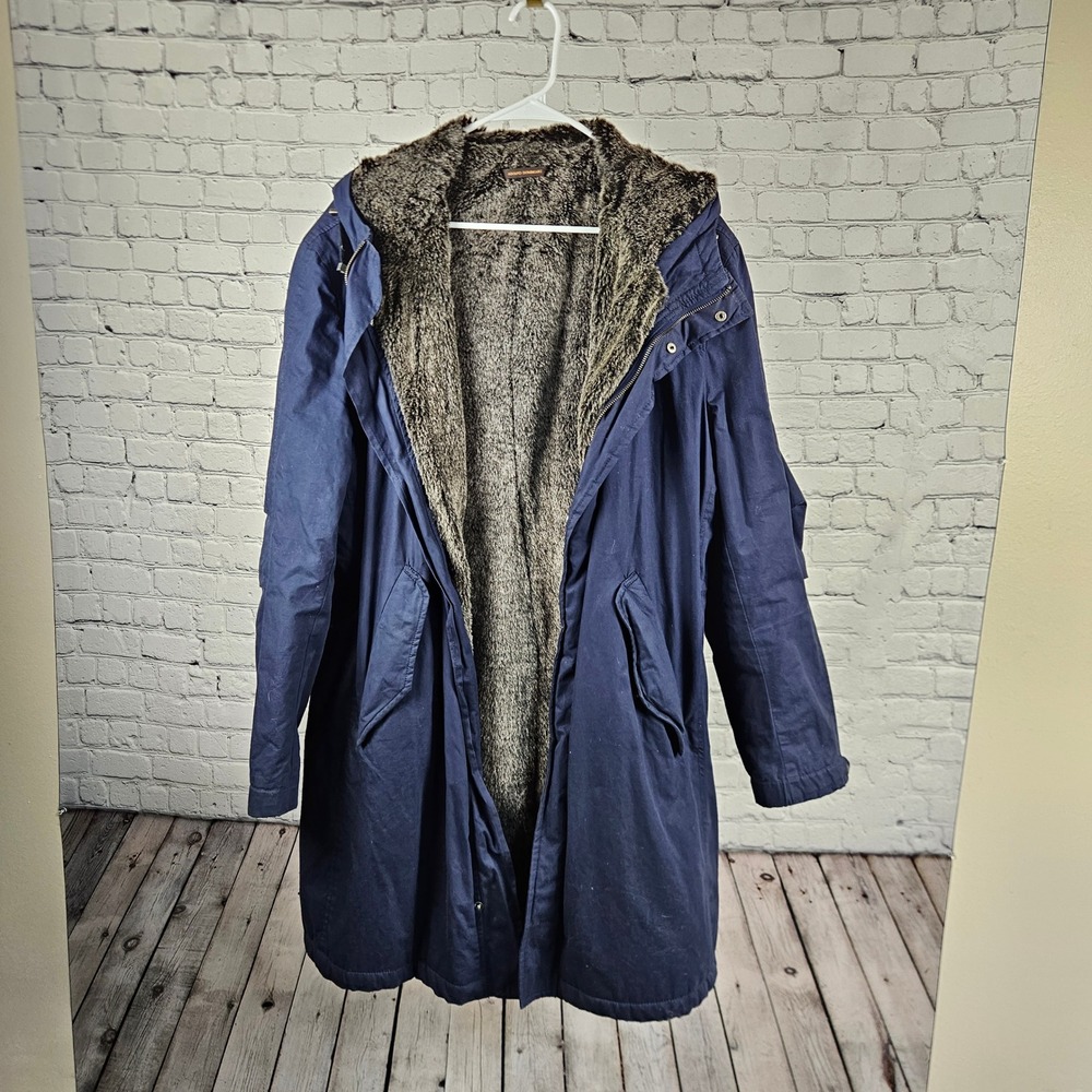 Adolfo Dominguez Navy Blue Faux Fur Lined Hooded Parka Jacket Mens 42 US 52 EU